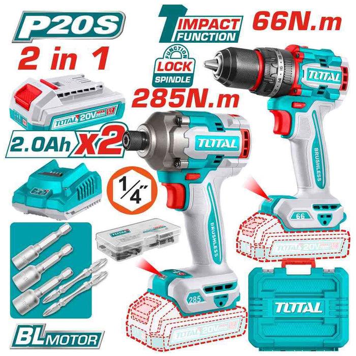 BỘ COMBO MÁY KHOAN BÚA TIDLI20668 1 &amp; MÁY SIẾT VÍT TIRLI20281 KHÔNG CHỔI THAN DÙNG PIN 20V TOTAL TCKLI20277 - HÀNG CHÍNH HÃNG