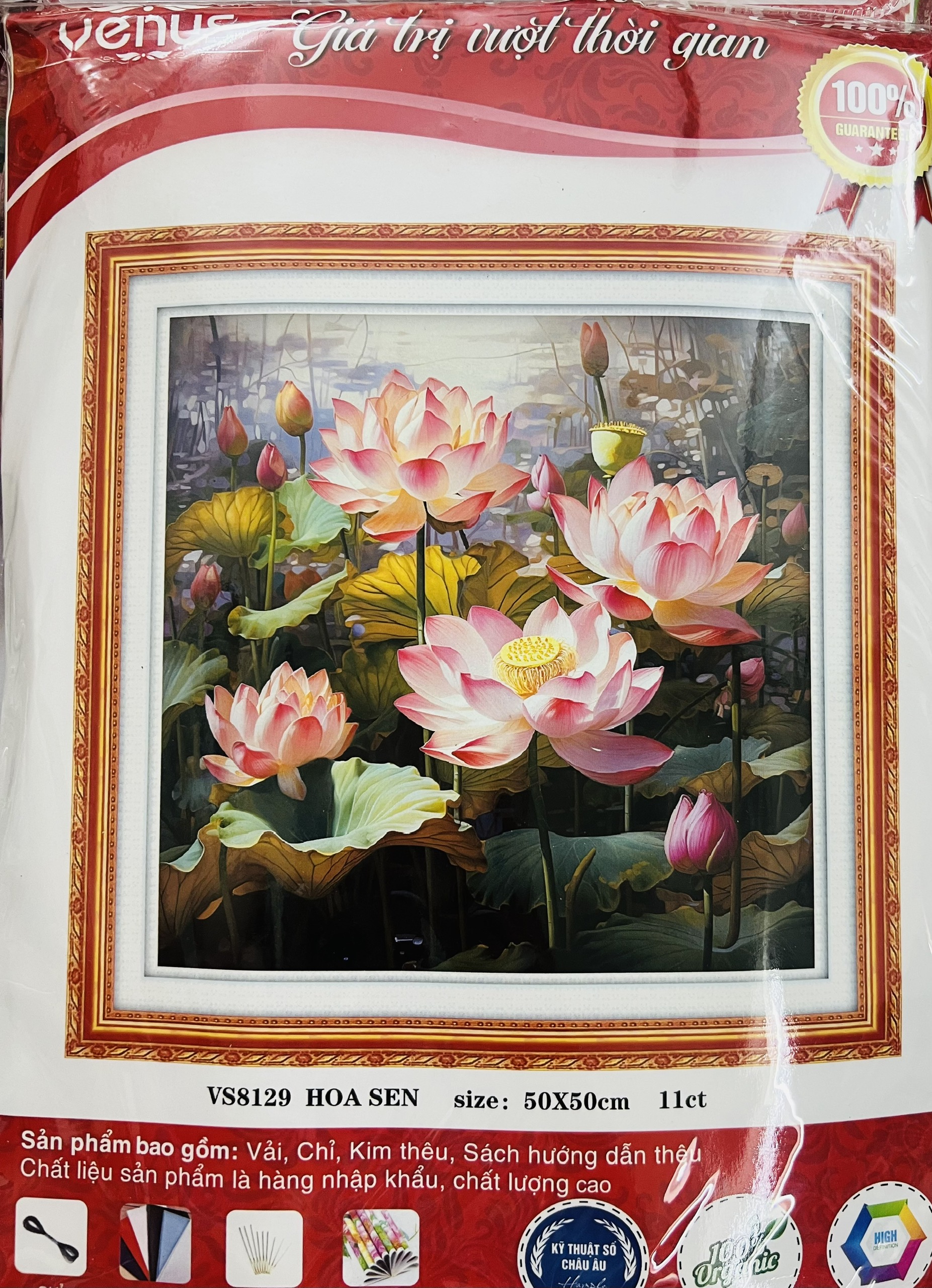 Tranh thêu kín Hoa sen VS8129, kích thước 50 x 50 cm