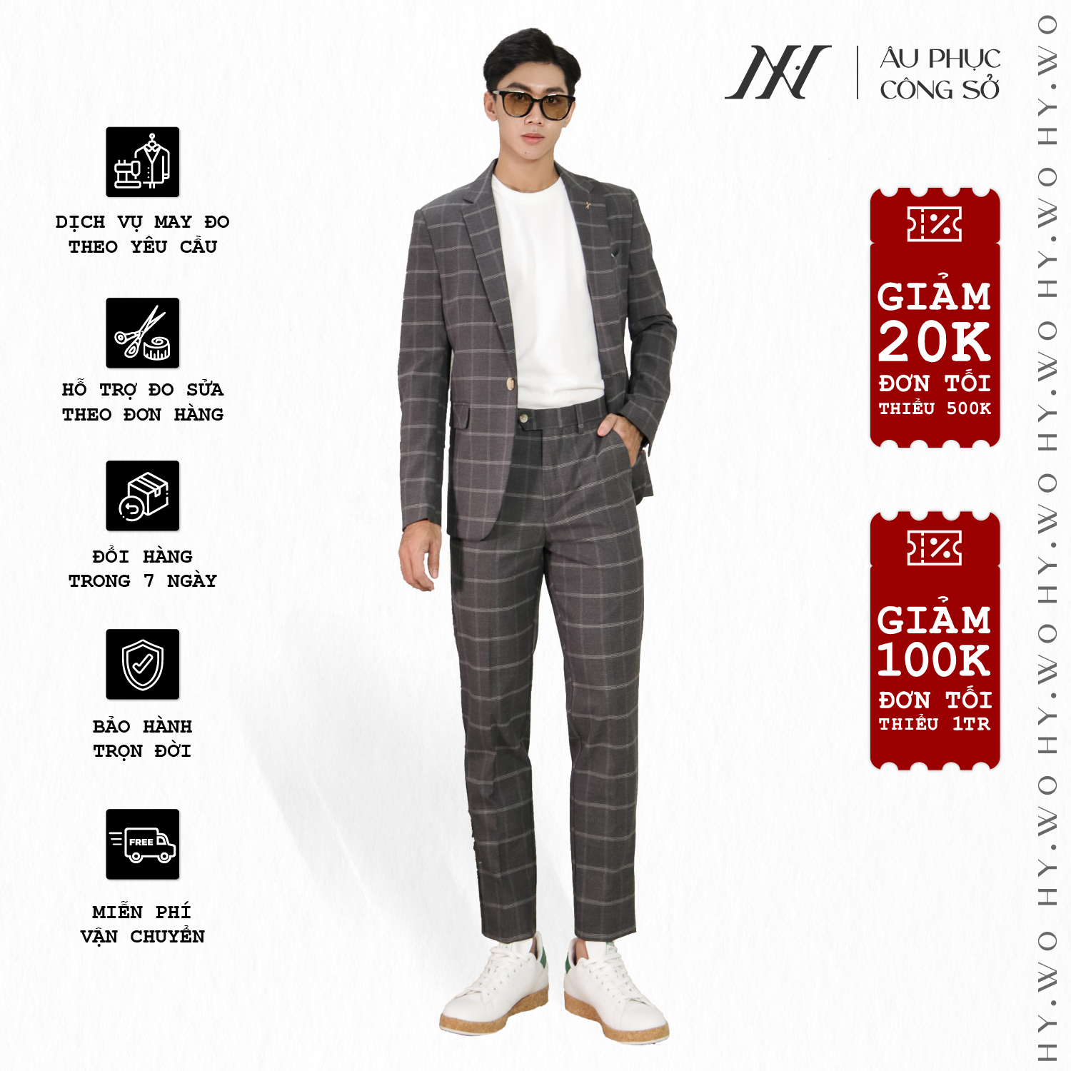 Bộ suit kẻ sọc may đo, thiết kế một hàng khuy xẻ tà giữa, BASIC-CARO-SUIT-1 kiểu dáng Slim Fit phong cách sang trọng - HY.WO