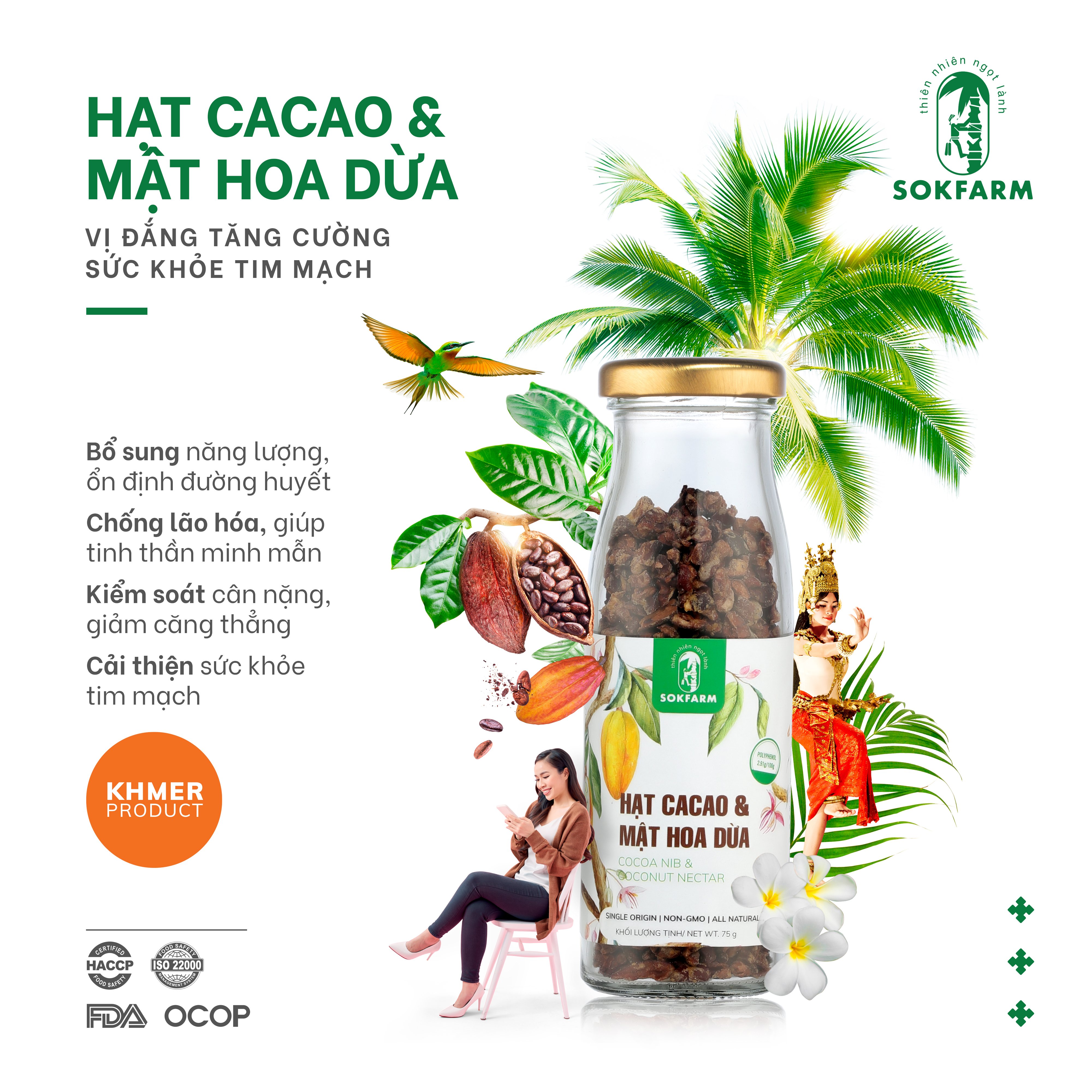 Ca Cao Mật Hoa Dừa SokFarm - Giàu Chất Chống Oxy Hóa, Ổn Định Đường Huyết, Hỗ Trợ Ngăn Ngừa Bệnh Tim Mạch - Hũ 75 Gr