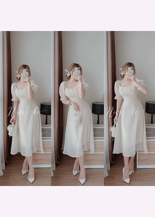 Đầm Voan Chinhfon Tay Phồng Xếp Ly Ngực Xinh Xắn