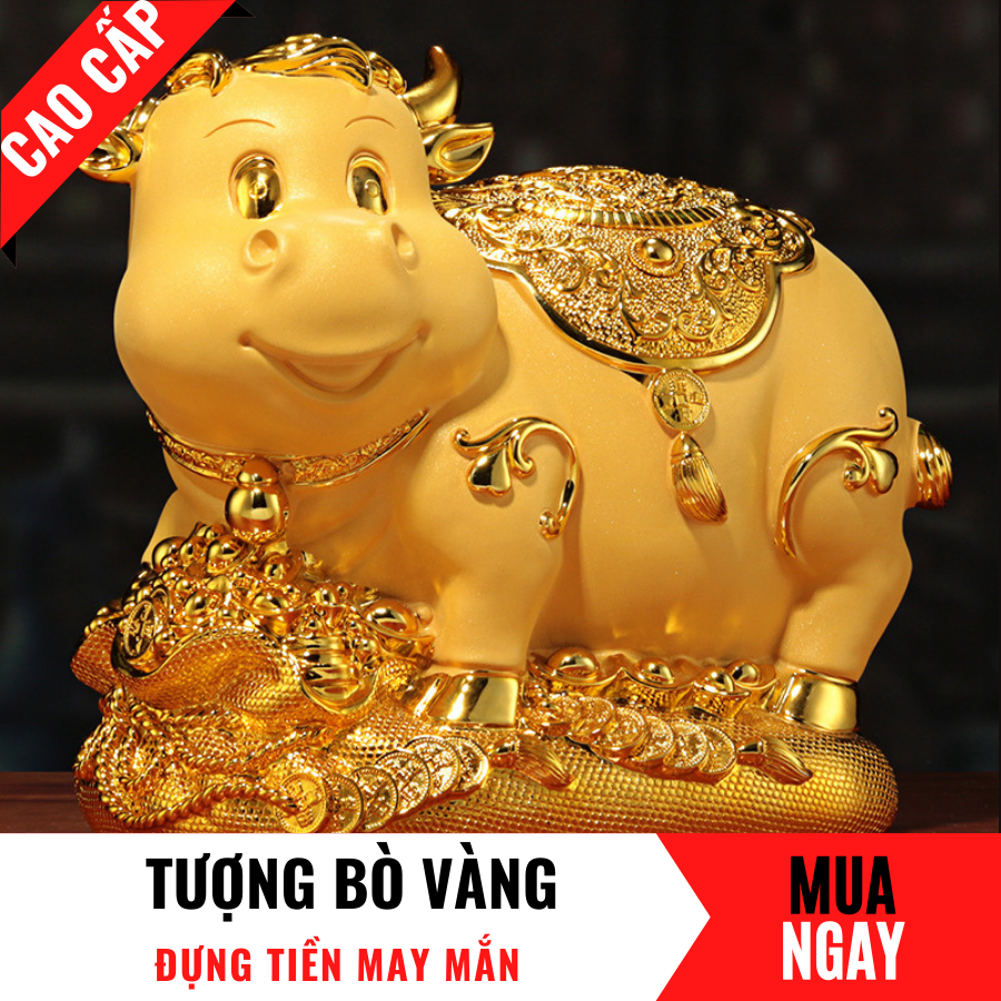 Tượng Con Bò Trang Trí Đựng Tiền Bằng Vàng Cát Mỹ Nghệ Cao 24cm