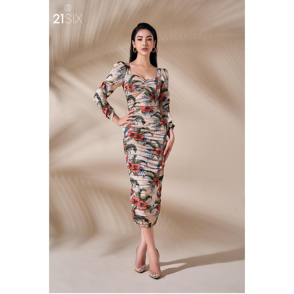 Váy bodycon lụa in hoạ tiết nhún ngực tay lỡ 21SIX - V00601