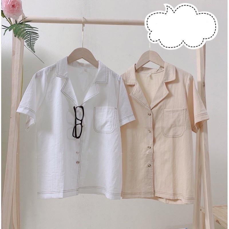 Áo sơ mi kiểu nữ cộc tay cổ vest viền chỉ freesize, Áo sơ mi nữ ngắn tay thô đũi - myl.fashion