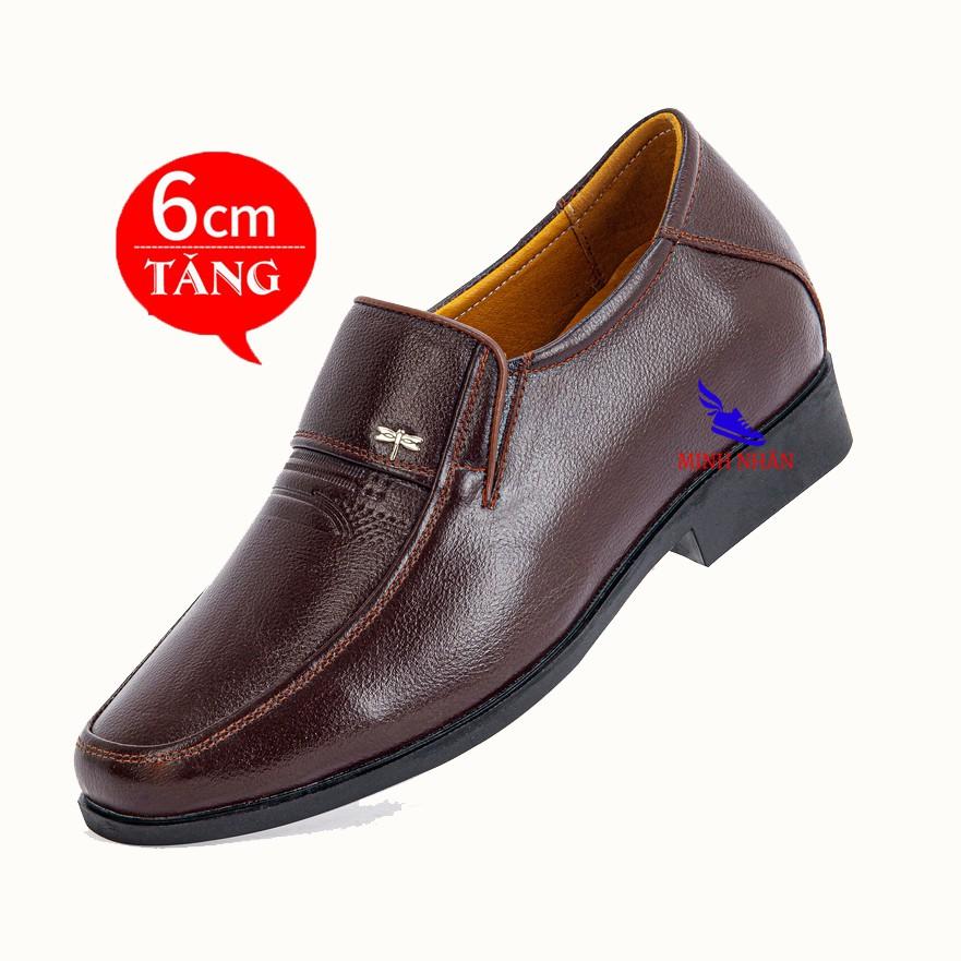 Giày da bò tăng chiều cao nam 6cm Giày tây nam da bò thật mũi bo tròn dành cho người trung niên cao niên O-10 màu nâu