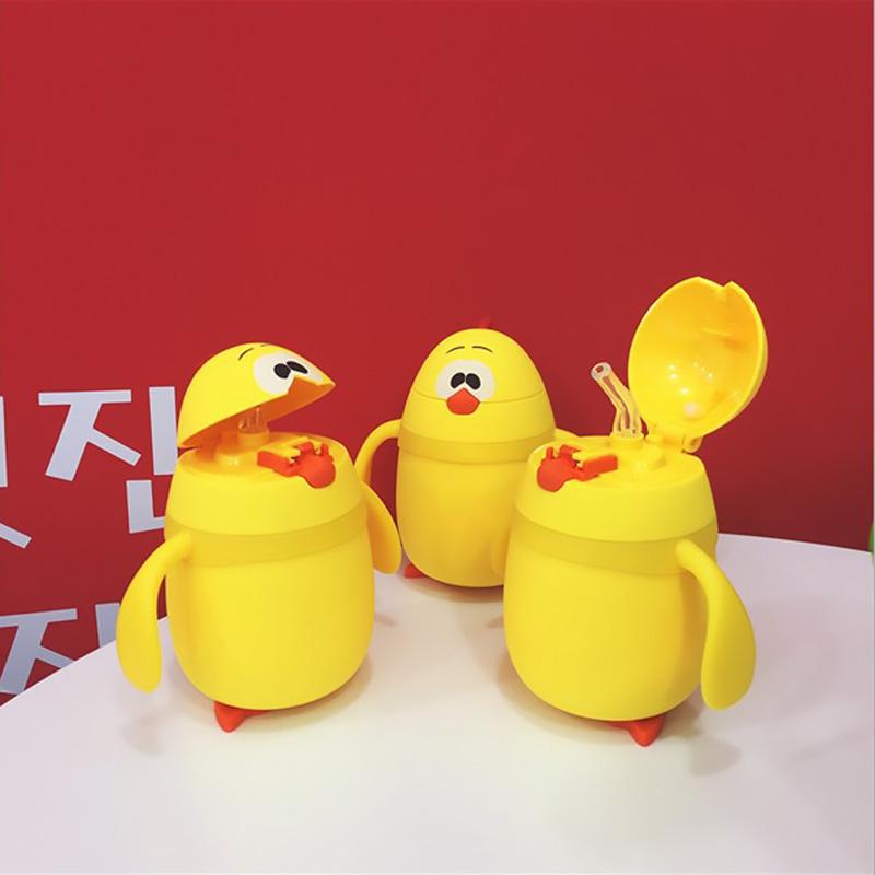 Phim hoạt hình Gà Bé Chai Thủy Tinh Cách Nhiệt Chai Cho Nước Trẻ Em Xách Tay Ống Hút Cup Creative Gift 2 Phong Cách Ly Uống Nước