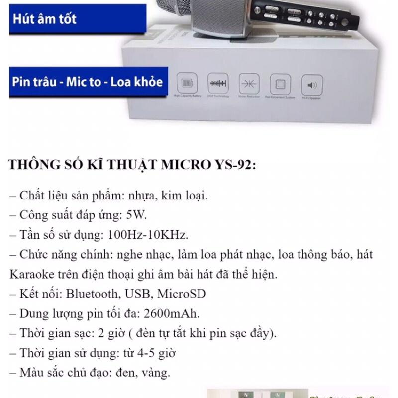 MIC KARAOKE BLUETOOTH YS 92 - MICRO CAO CẤP - LIVESTREAM - ÂM THANH SỐNG ĐỘNG - THẺ NHỚ - GHI ÂM