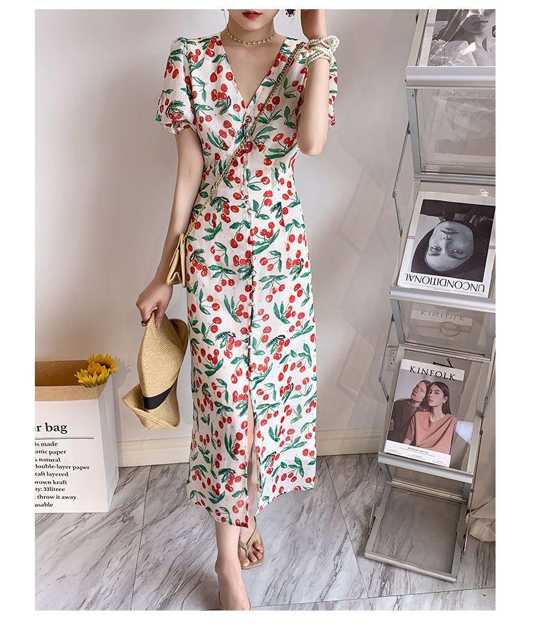 TOBE1SHOP 2021 mùa hè thắt lưng ngọt ngào trà nghỉ váy nữ Pháp anh đào chiffon hoa bong bóng tay áo đầm dài
