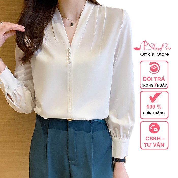 Áo Sơ Mi Công Sở Kiểu Áo Kiểu Hàn Quốc Tay Dài Đính 5 Hạt - Thời Trang Công Sở Nữ SHOPPRO 3A25
