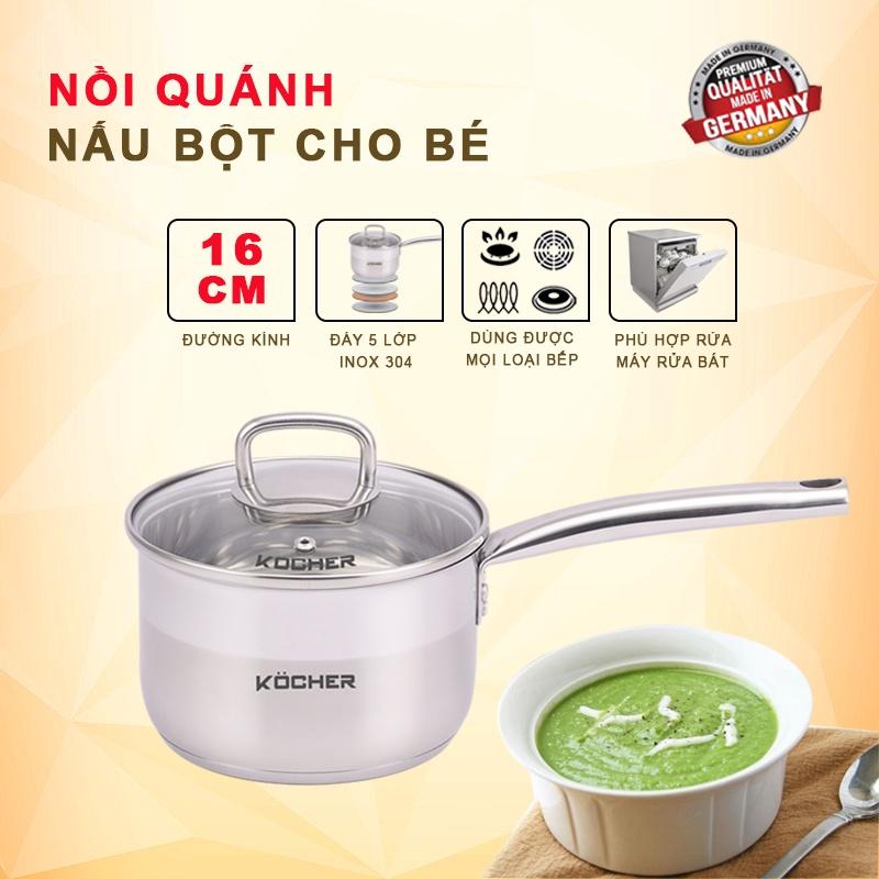 Nồi quánh inox nấu bột cho bé size 16cm KOCHER 5 đáy cao cấp có nắp kính cường lực - Hàng chính hãng