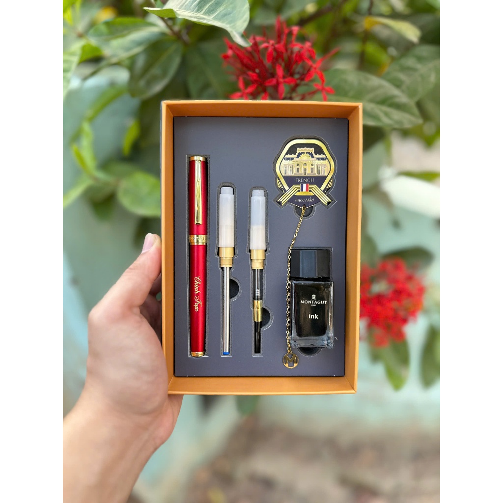Quà tặng hộp Bút ký MONTAGUT Pháp cao cấp MIỄN PHÍ KHẮC TÊN có kèm Túi đi kèm tặng đủ loại ngòi viết 809 B231