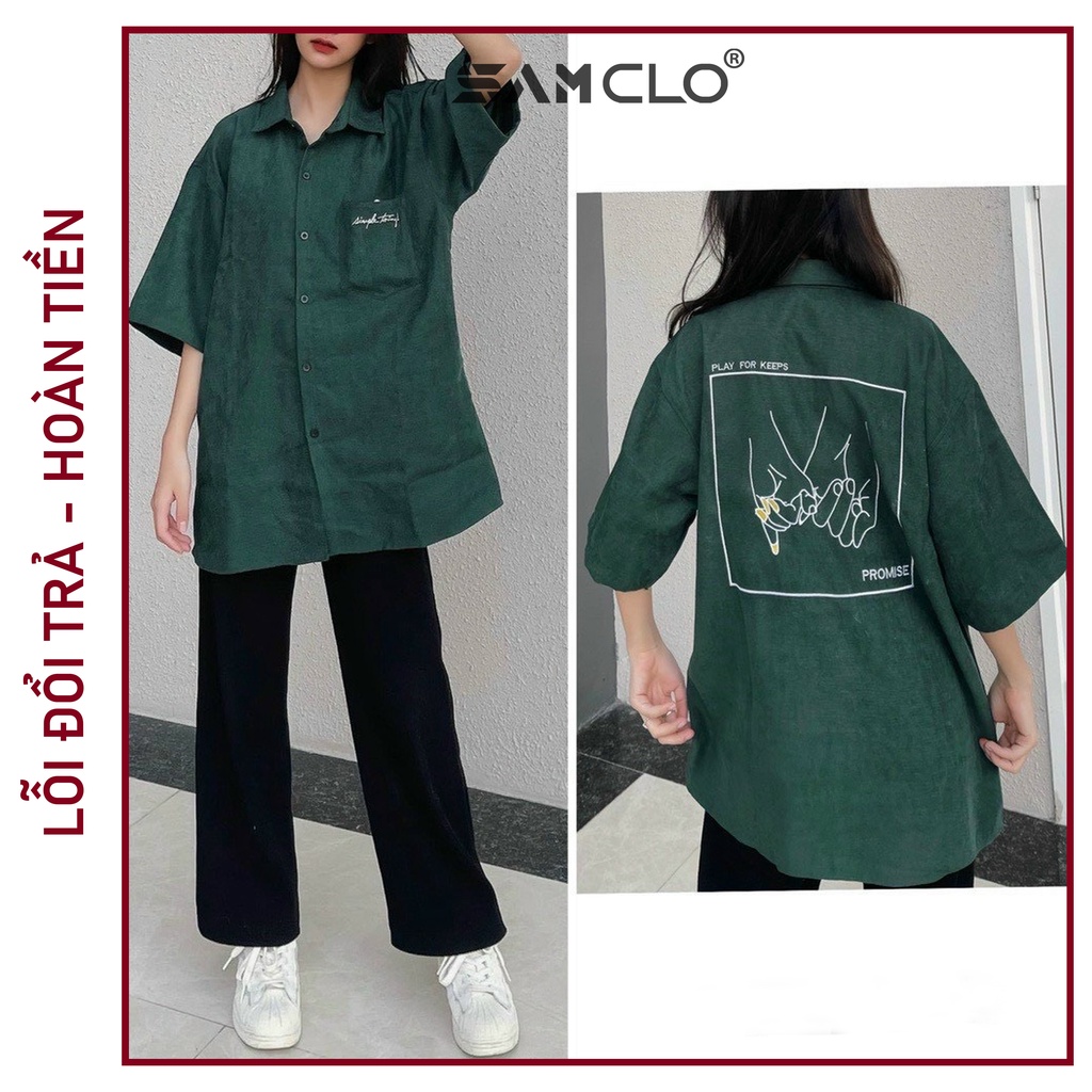 Áo sơ mi nam nữ SAM CLO tay lỡ cổ bẻ phong cách ulzzang form freesize dáng rộng unisex in thêu HAI BÀN TAY PROMISE