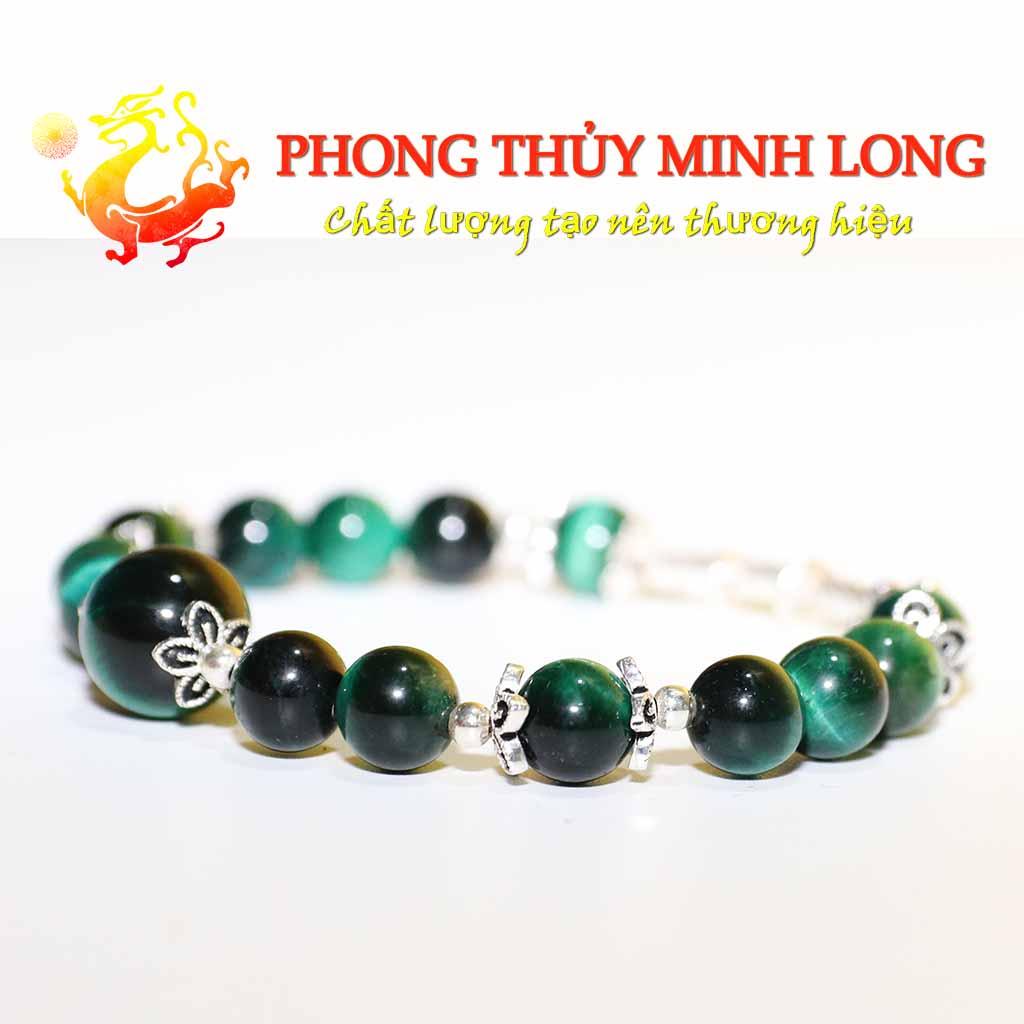Vòng tay đá Mắt Hổ Xanh Lá mix túi tiền lá bạch dương bạc nhỏ xinh với người mệnh Mộc và Hỏa