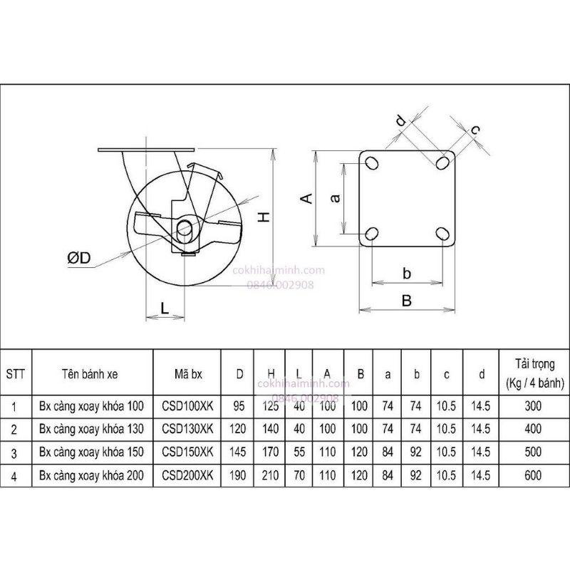 Bánh xe đẩy hàng, xe kéo 200mm