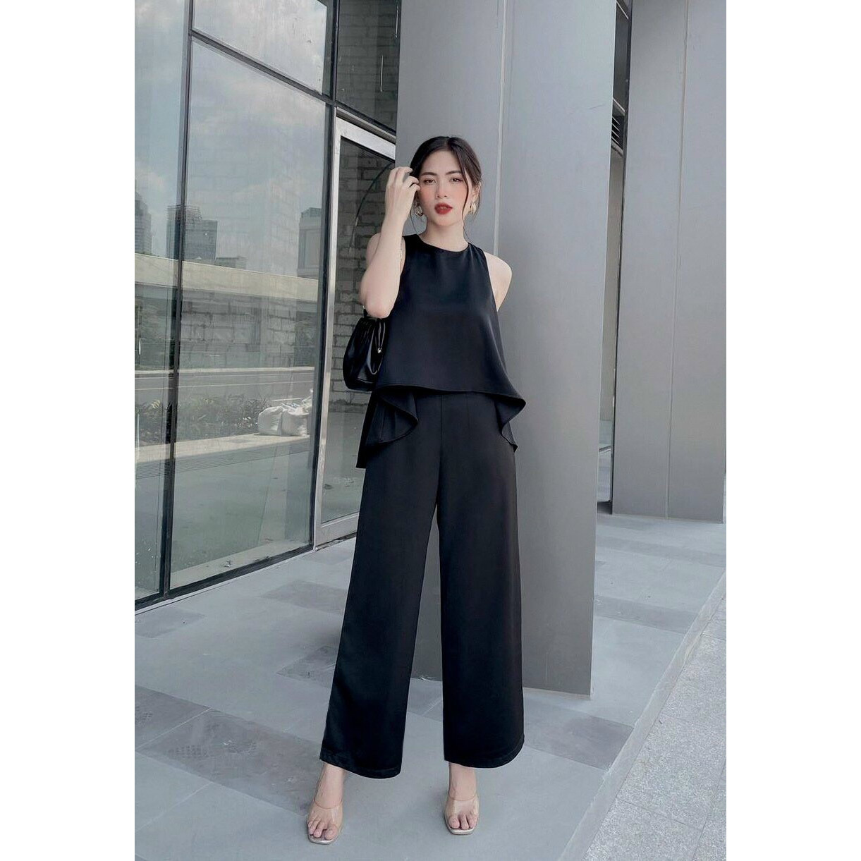 Set nguyên bộ quần dài ống suông dây kéo sau lưng áo đuôi cá xinh xắn