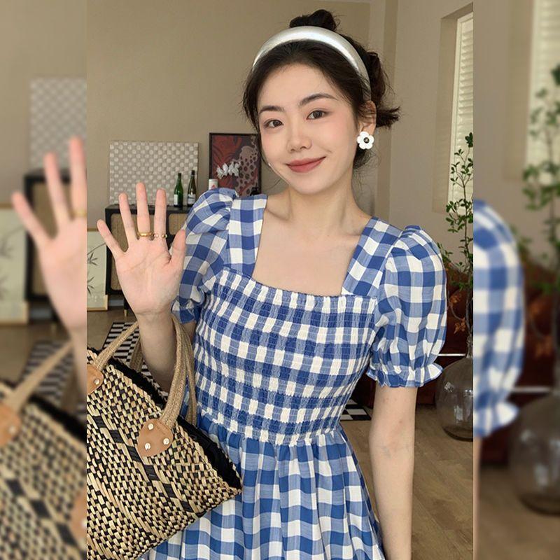 TOBE1SHOP Thanh lịch Port Wind Vintage kẻ sọc ăn vuông cổ thắt lưng sọc đi lại khí chất ngọt ngào bong bóng tay áo váy