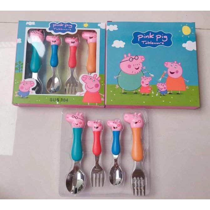 Bộ Set 4 muỗng nĩa heo Peppa inox 304 cho bé siêu dễ thương