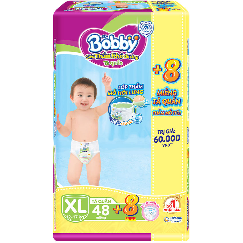 Tã quần Bobby - Đệm Lưng Thấm Mồ Hôi XL48 (48 miếng) - Tặng 8 miếng trong gói