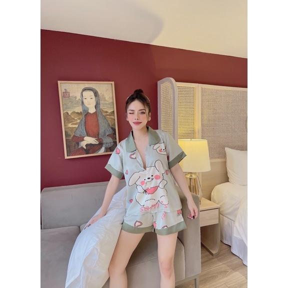 Bộ đồ ngủ Pijama đồ bộ lụa quần đùi cộc tay hoạ tiết thỏ sen kute siêu hot