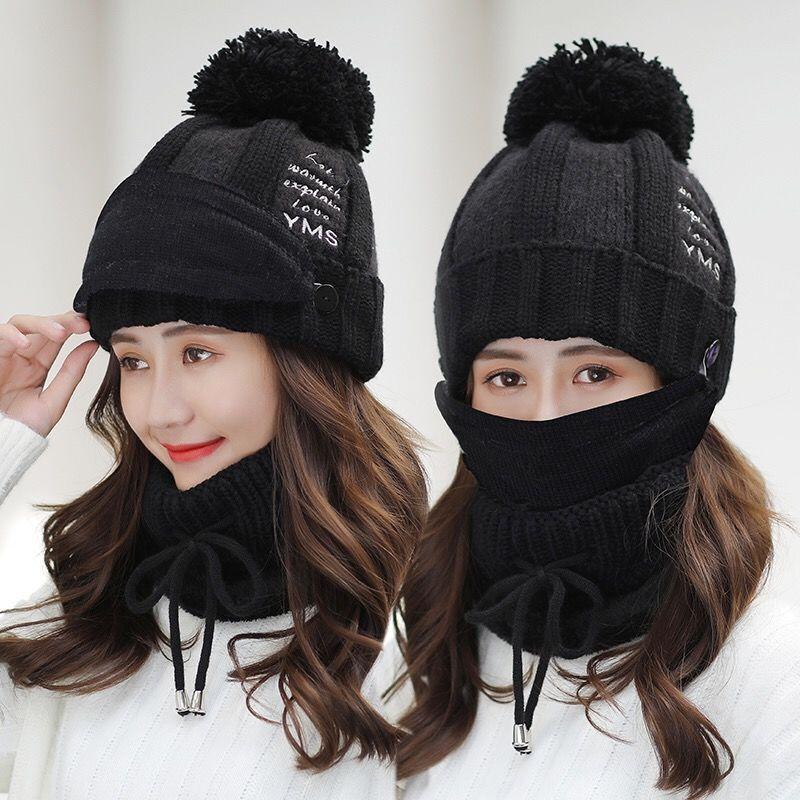 Mùa Đông Nón Nữ Mùa Đông Đan Beanies Nón Yếm Và Mặt Nạ Nữ Bảo Vệ Tai Skullies Nón Nhung Ấm Dày Đi Xe len