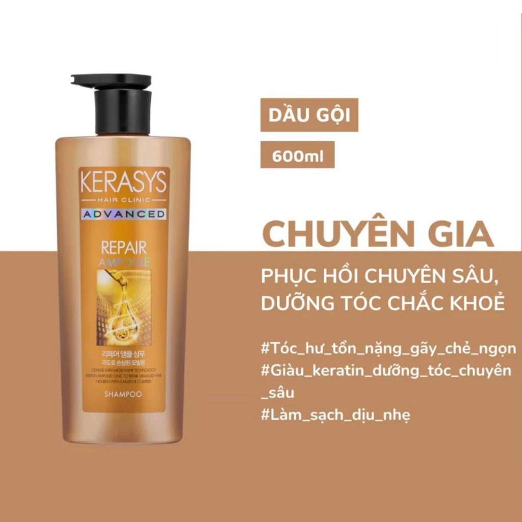 Dầu gội xả phục hồi chuyên sâu dưỡng tóc hư tổn nặng Kerasys Advanced Repair Ampoule Hàn Quốc 600ml