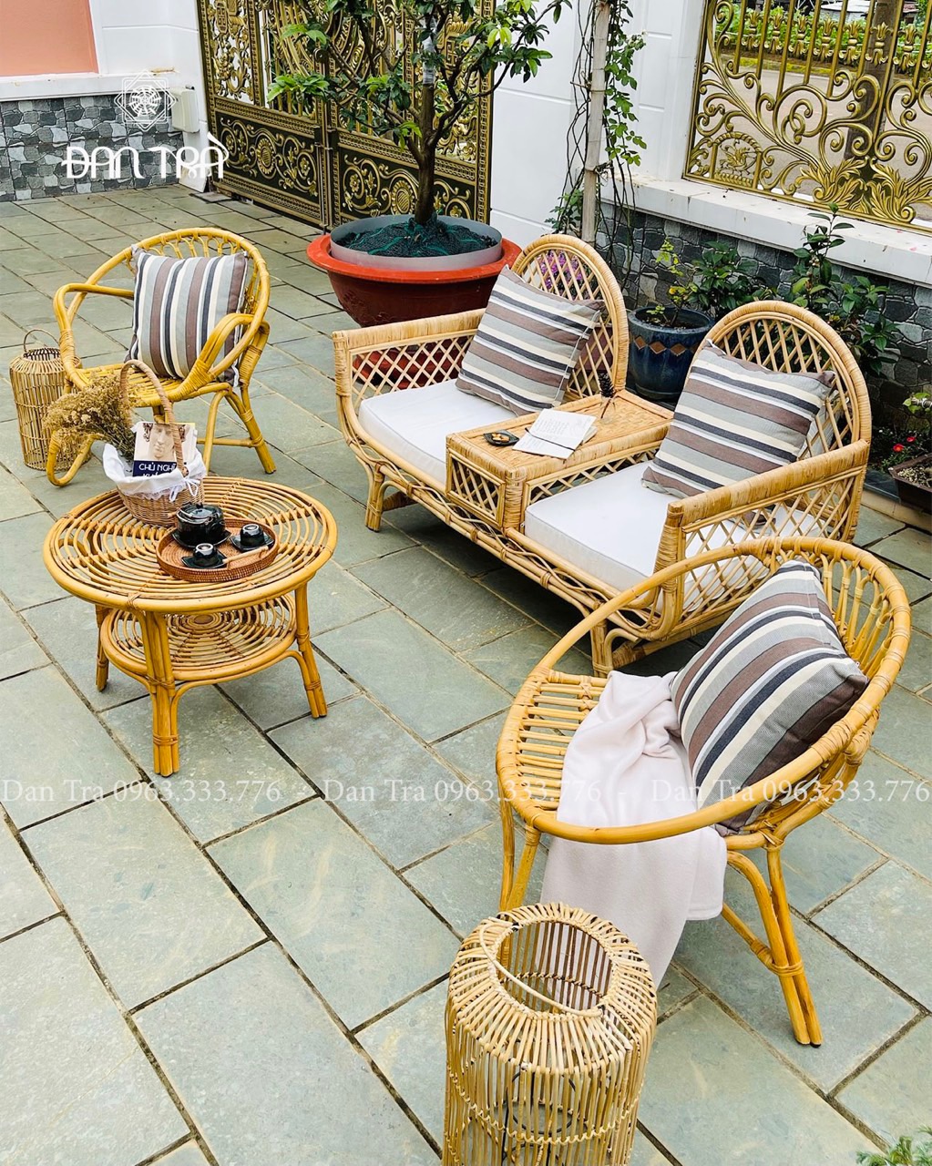 Ghế Sofa Mây Vintage 3 In1, Ghế Băng Mây Đôi 2 Người, Ghế Salon Mây Thư Giãn, Bàn Ghế Mây Tre ĐAN TRÀ