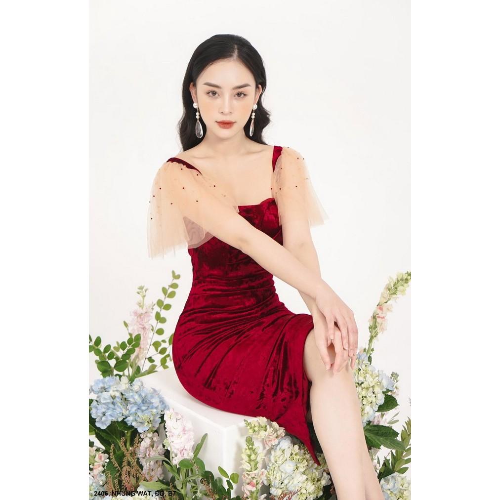 ĐẦM NHUNG TAY LƯỚI ĐÍNH HẠT