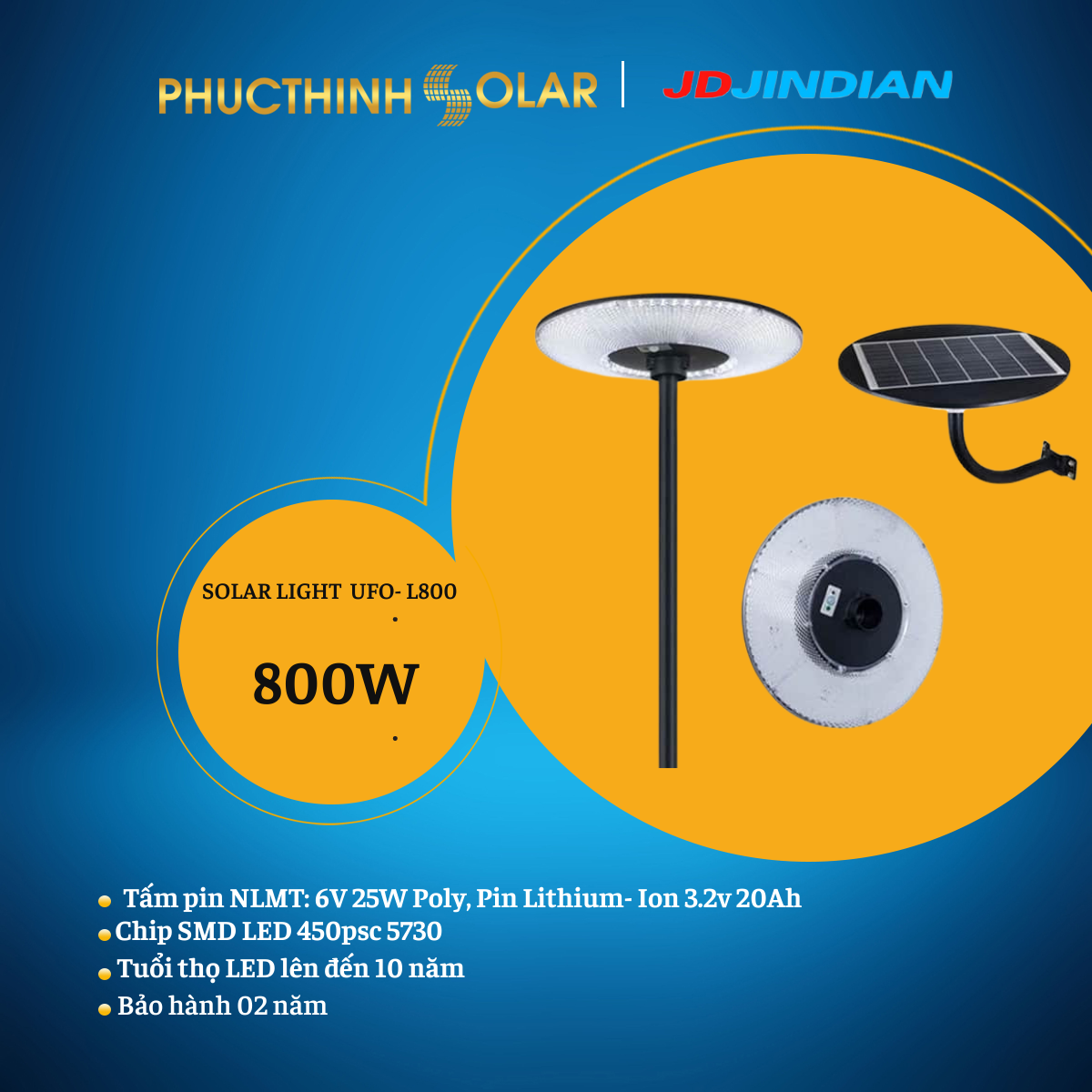 Đèn Pha Sân Vườn Năng Lượng Mặt Trời 800W UFO-L800 Jindian Đèn Led Cảm Biến Ánh Sáng, Chống Nước IP65 | Phúc Thịnh Solar