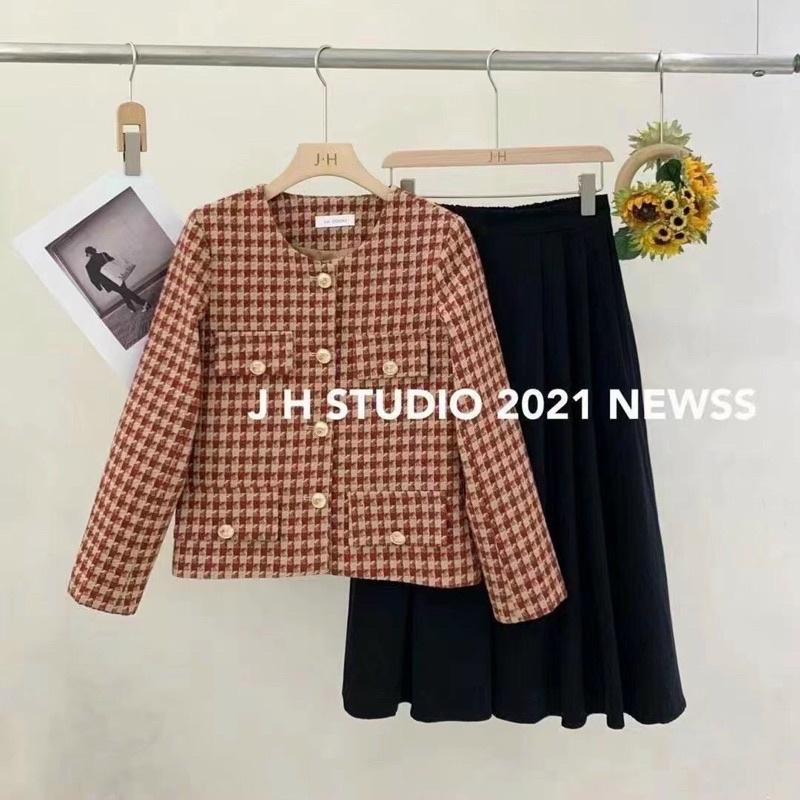 Áo khoác dạ tweed đỏ khuy vàng hàng QC