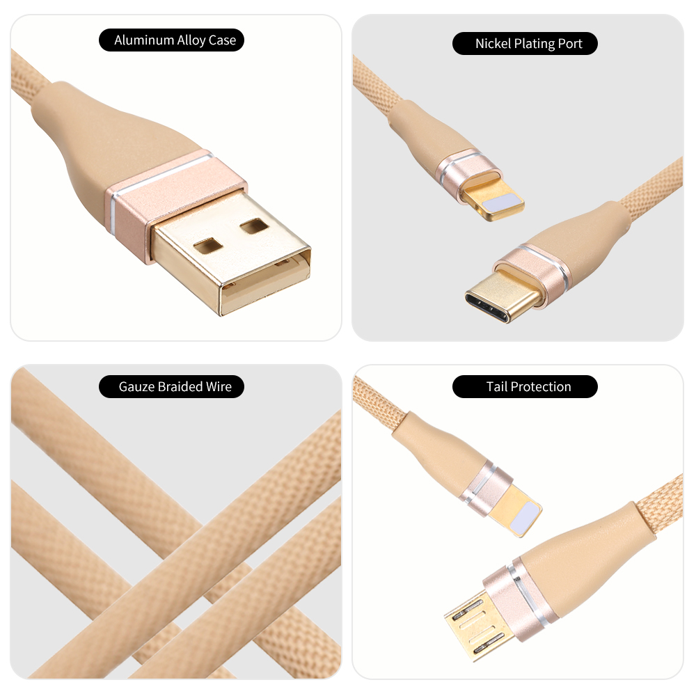 Cáp Sạc Dây Bện 3 Trong 1 1.2m Với Micro USB / Loại C Cho IPhone XIaomi Huawei Samsung Gauze