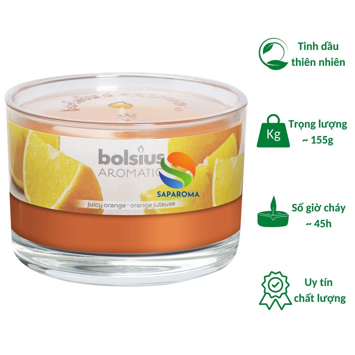 Ly nến thơm tinh dầu Bolsius Juicy Orange 155g QT024881 - hương cam ngọt, nến trang trí, thơm phòng, thư giãn, Hỗ trợ khử mùi