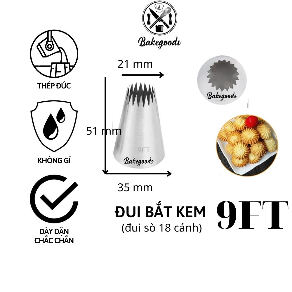 Đui bắt kem 9FT, Đuôi bắt bánh quy, chui trang trí bánh bằng thép không gỉ đúc liền khối dày dặn, cứng cáp