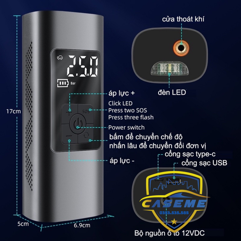 Bơm Lốp Ô Tô - Xe Máy Mini Không Dây CARSUN C3106, Pin 4000mAh, Áp Suất 150PSI, Có Đèn LED, Đèn Cảnh Báo, Kiêm Sạc Dự Phòng