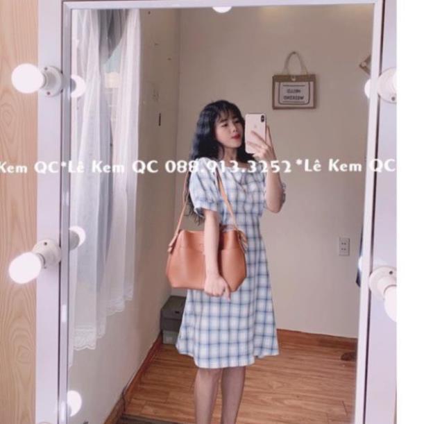 Váy Kẻ Caro Váy Cổ Vuông Tay Bồng Vintage Có Thắt Eo ! *