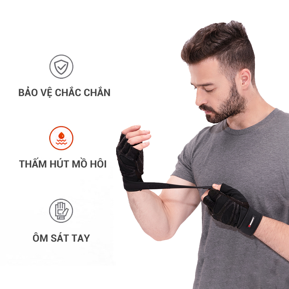 Găng tay tập gym nữ/nam hở ngón, bao tay tập Gym nữ/nam có quấn trợ lực cổ tay, đệm Silicone chống trượt GoodFit GF201G