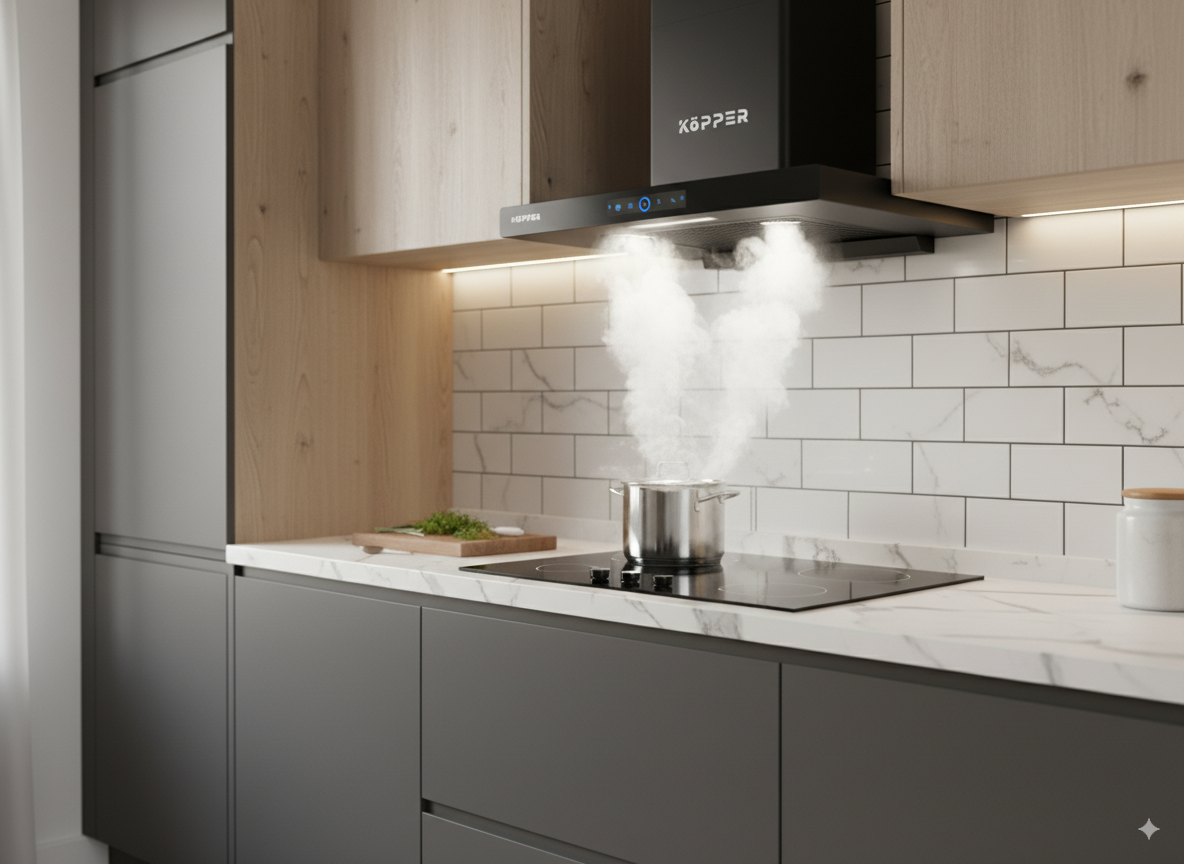 Kopper Hút Mùi Thông Minh KPT8 Công Suất Lớn 1800m3/h Có Sấy Dầu Tự Động Màn Hình Cảm Ứng Tiếng Ồn <50dB Đèn LED 1 Đèn Lớn Quạt Li Tâm Cánh Thép Động Cơ Đồng Hàng Chính Hãng