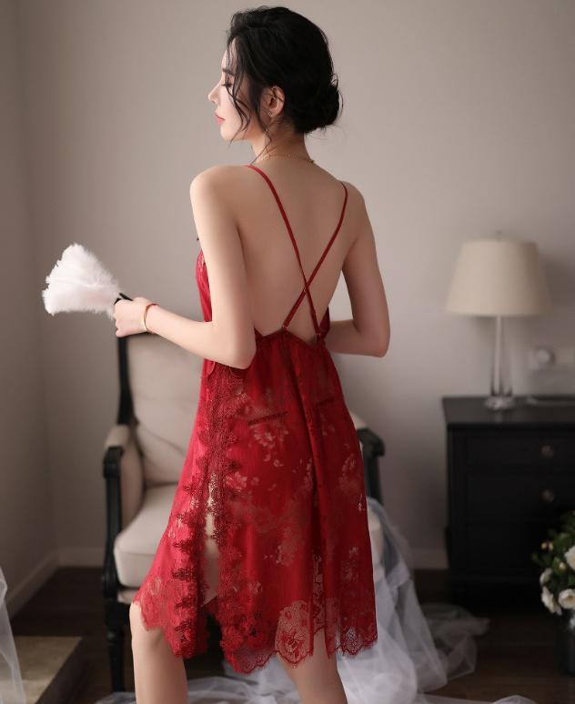 Đầm ngủ hai dây phối ren Sexy Girl - Đỏ