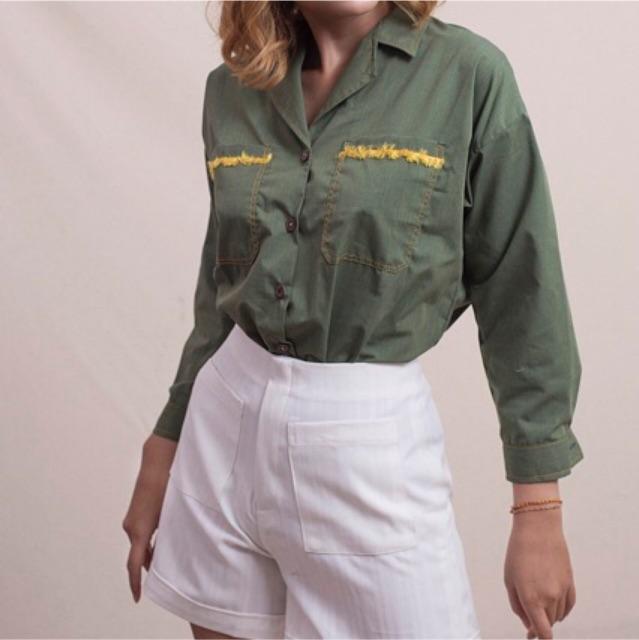 Áo pijama xanh rêu viền túi Freesize