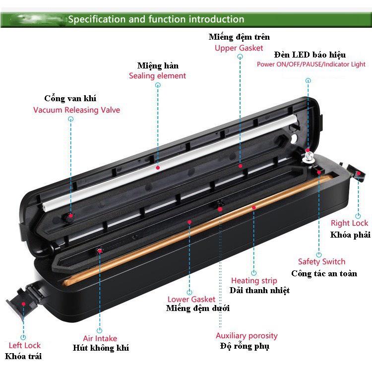 Máy hút chân không bảo quản thực phẩm Vacuum Sealer mini cao cấp tự hàn miệng tiện dụng tặng kèm túi hút