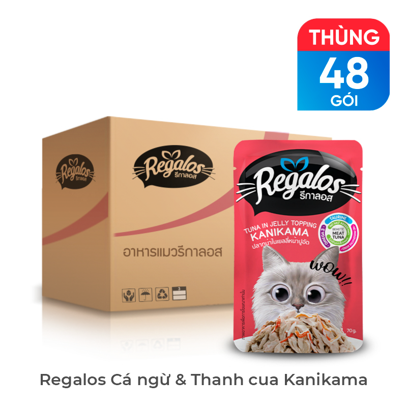 Thùng 48 gói thức ăn ướt cho mèo Regalos Thái Lan vị thanh cua và cá ngừ