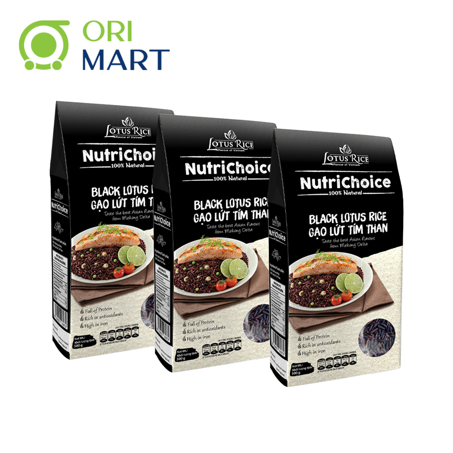 Combo 3 Gạo Lứt Tím Than Hữu Cơ NutriChoice Black Lotus Rice Gói 500g Thơm Ngon Giàu Dinh Dưỡng ORIMART