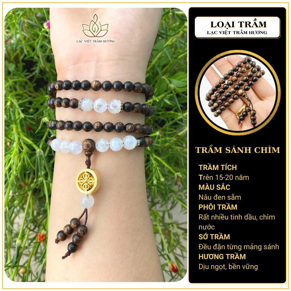 Vòng Tay Trầm Hương 108 Hạt Sánh Chìm Mix Charm Bánh Xe Pháp Luân và Đá Moonstone Phong Thủy - Lạc Việt Trầm Hương