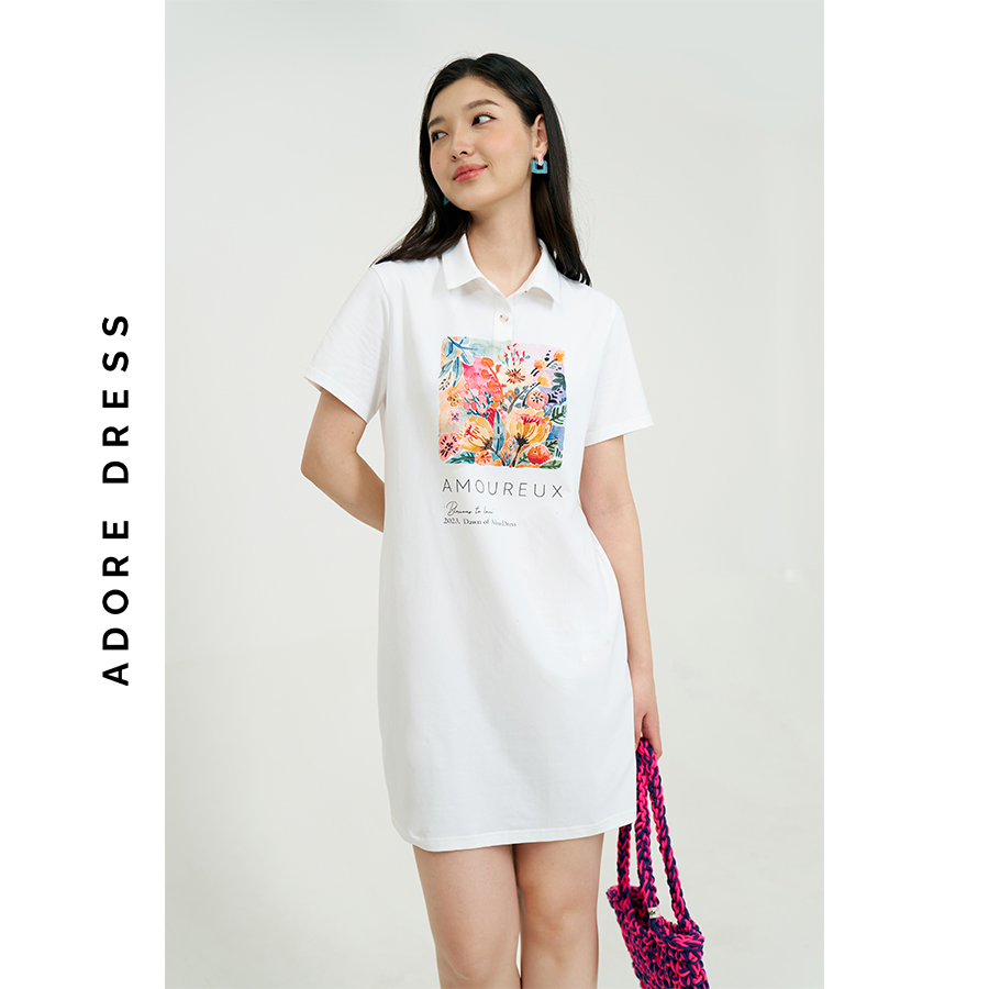 Đầm Cotton/polo dresses cotton trắng in summer flowers 311DR5001 ADORE DRESS