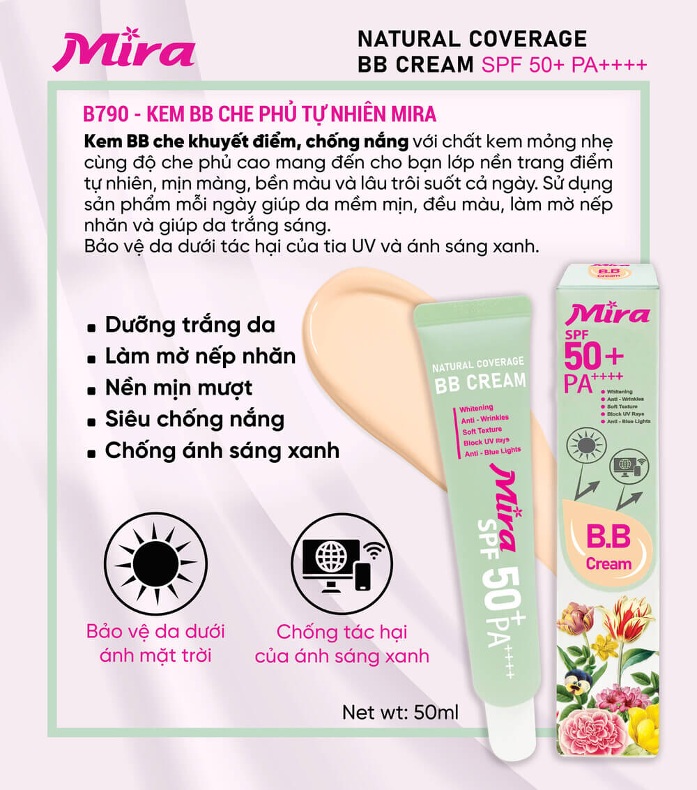 Kem BB MIRA NATURAL COVERAGE BB CREAM SPF50+ che phủ tự nhiên B790