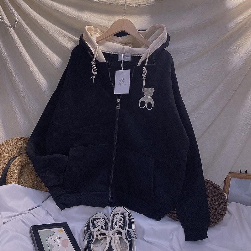 Áo Hoodie Nỉ Bông 2 NÓN THÊU GẤU Form Rộng FREE SIZE Unisex Ulzzang, Áo khoác hodie form rộng(có ảnh thật) có khoá kéo, Áo khoác nỉ ngoại chống nắng
