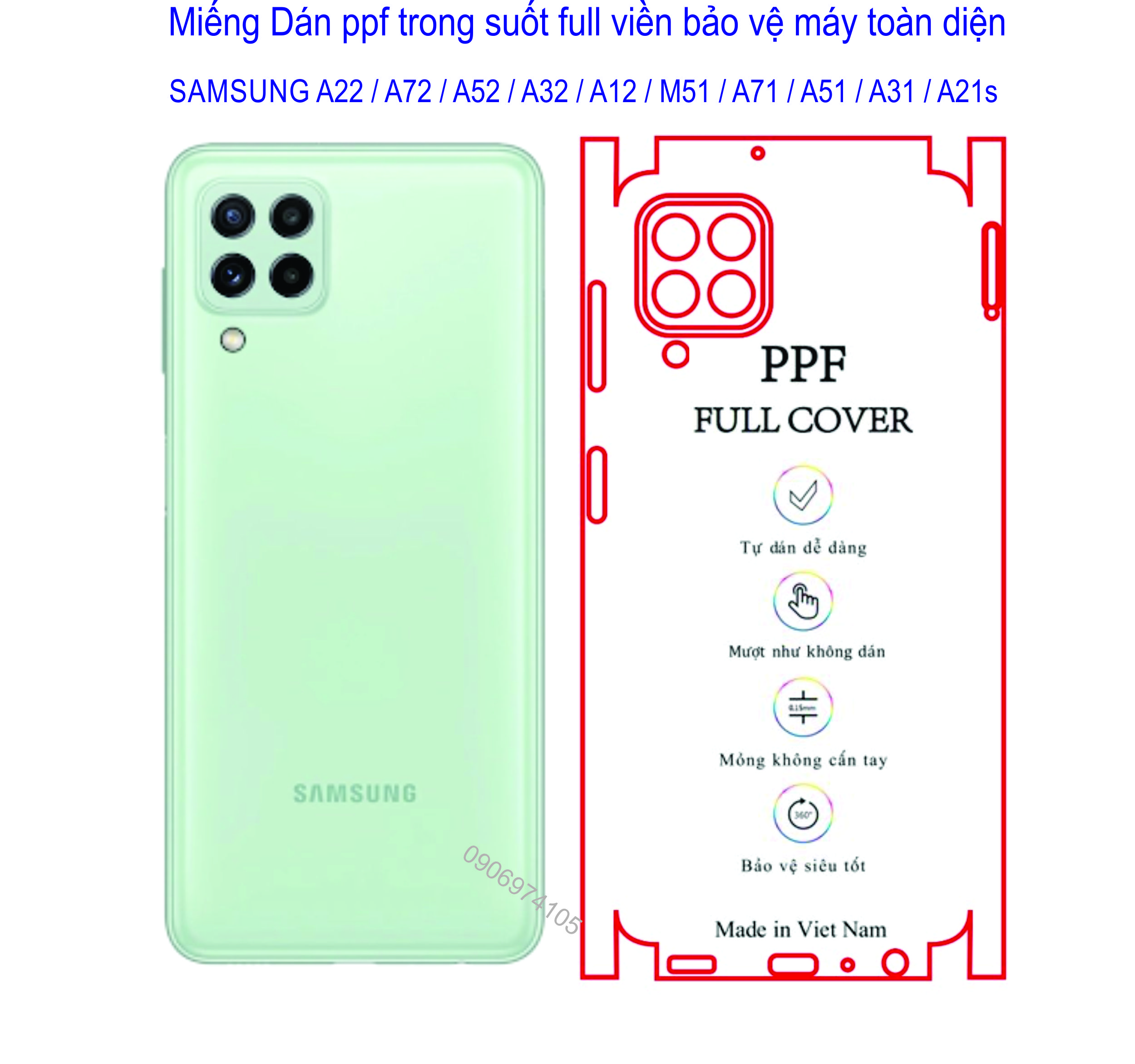 Miếng Dán PPF Full viền dành cho SAMSUNG A22 / A72 / A52 / A32 / M51 / A12 / A71 / A51 / A31 / A21s bảo vệ máy toàn diện