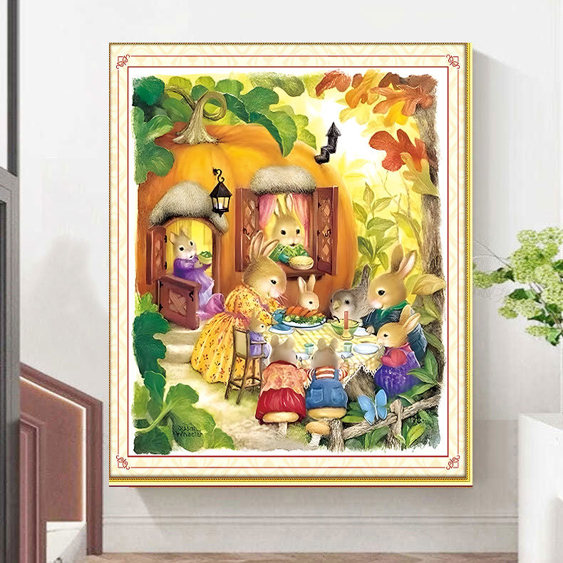 Tranh thêu kín Gia đình Thỏ DX1335, kích thước 67 x 60 cm