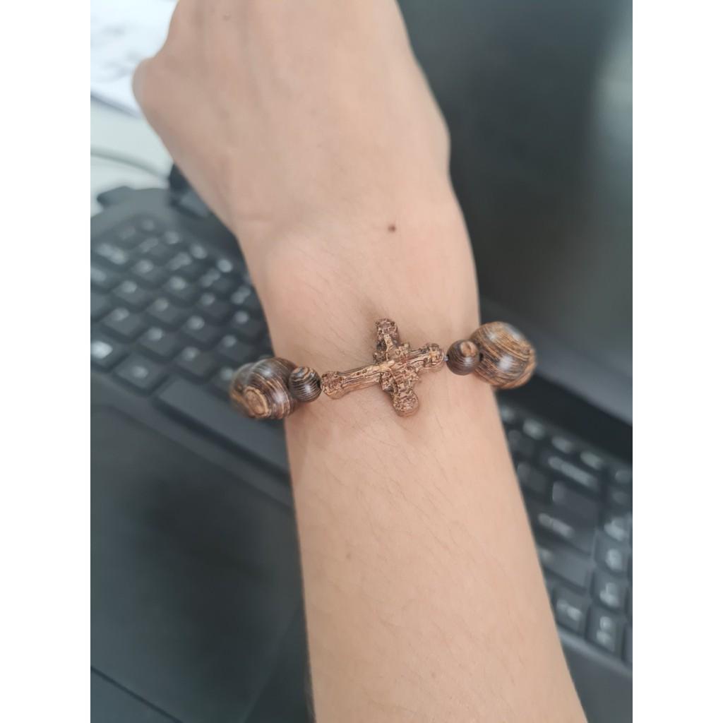 Vòng Tay Trầm Hương Tròn Đơn Sánh Chìm Nước- Trầm Hương Tự Nhiên-Mix Thánh Giá/ Tặng hộp Nhung