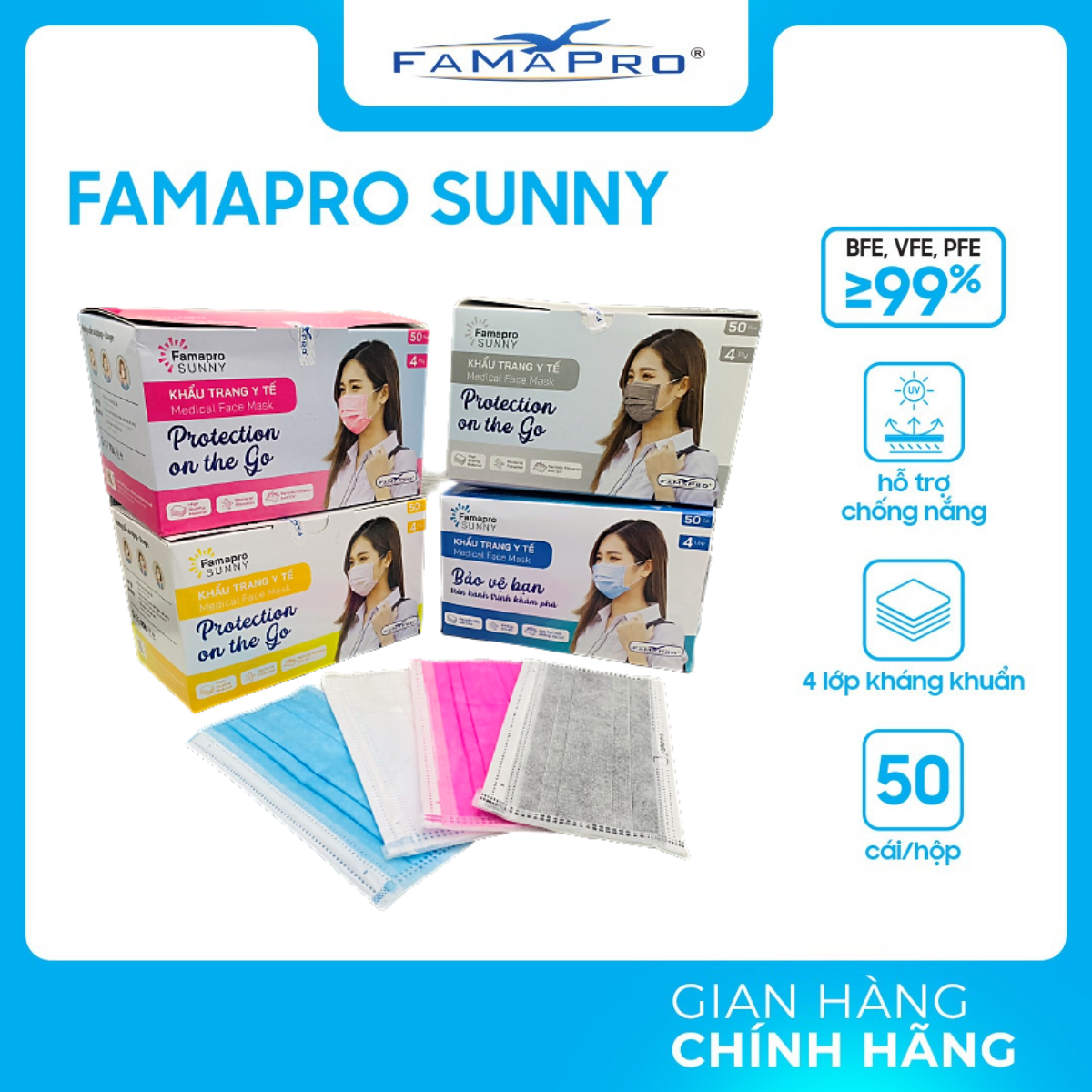 [HỘP - FAMAPRO SUNNY] - Khẩu trang y tế kháng khuẩn 4 lớp Famapro SUNNY (50 cái/ hộp)