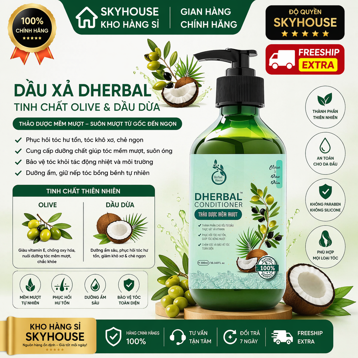 Dầu xả thảo dược thiên nhiên tinh chất olive dầu dừa độc quyền DHERBAL chai 300ml  dầu xả tóc chắc khỏe suôn mượt chính hãng
